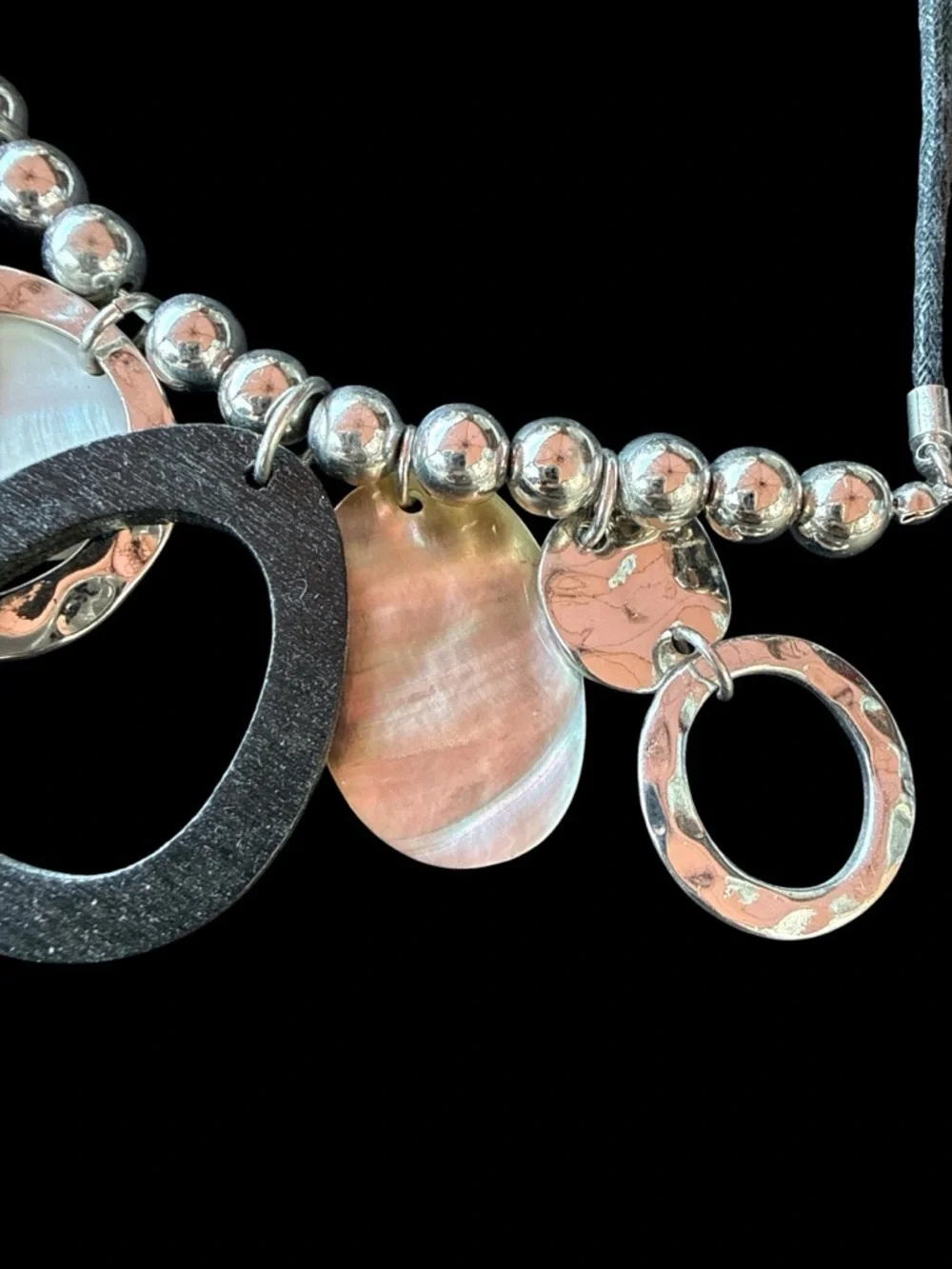 🔥Chico’s Statement Necklace Black Rope Chain Mixed Media Circle Hammered Silver
